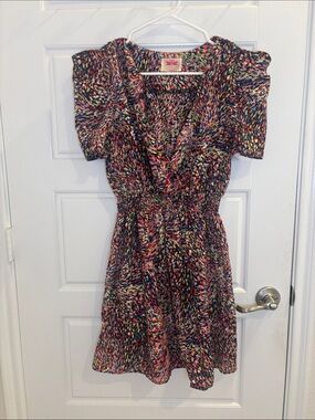 Orion London M/L Multicolor Abstract Puff Sleeve Smocked Waist Mini Dress